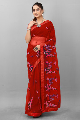 PRIMHI Embroidered Bollywood Net Saree(Red)