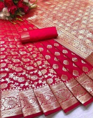 JOYSONIC Printed Kanjivaram Silk Blend Saree(Red)