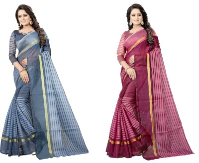 Suali Striped, Checkered Daily Wear Cotton Silk Saree(Pack of 2, Purple, Grey)