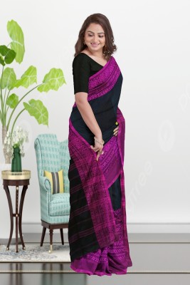 PRANATI ENTERPRISE Printed Handloom Linen Saree(Black, Pink)