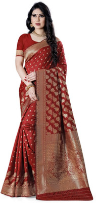 AVDOM Woven Banarasi Silk Blend Saree(Red)