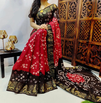 Dharmata Enterprise Printed Bandhani Art Silk Saree(Maroon)