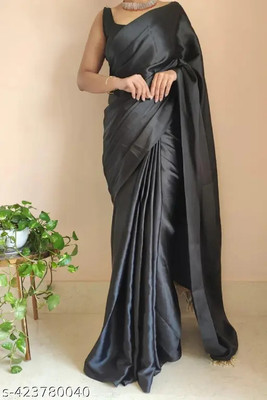 QUEDDY'S Solid/Plain Bollywood Satin Saree(Black)