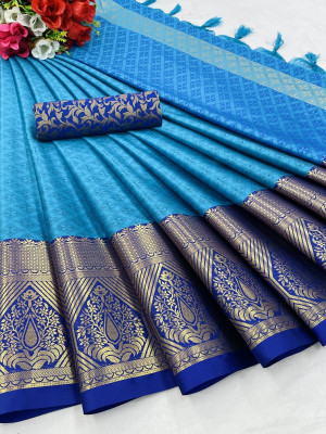 HouseOfCommon Printed Dharmavaram Silk Blend Saree(Blue)