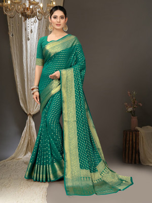 FAB WOVEN Printed Banarasi Silk Blend Saree(Light Green)