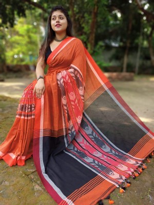 HouseOfCommon Woven Handloom Cotton Blend Saree(Orange)