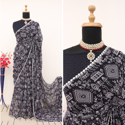 DAZLIO Printed Mysore Georgette Saree(Black)