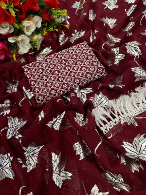 PIYA DESIGNER Geometric Print Lucknow Chikankari Georgette Saree(Maroon)