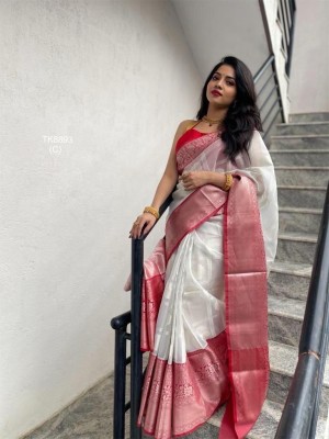 Vinayak Textile Self Design Banarasi Silk Blend, Jacquard Saree(White, Red)