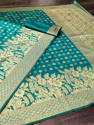 UK WORLDS Woven, Dyed, Solid/Plain Kanjivaram Silk Blend, Jacquard Saree(Light Blue, Gold)