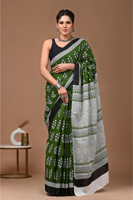 Tetarwal Floral Print Daily Wear Pure Cotton Saree(Green)