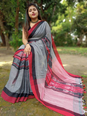 BiswasTextiles Self Design Handloom Cotton Blend Saree(Orange)