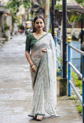 YAMUNA PRIYA Printed Bollywood Georgette Saree(White, Black)