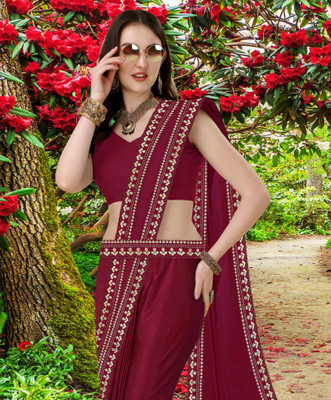 HNC Retail Temple Border, Solid/Plain Bollywood Lycra Blend, Chiffon Saree(Maroon)