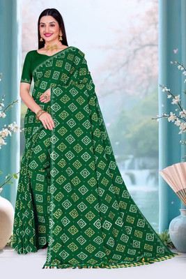 sarees Printed, Geometric Print Bandhani Georgette Saree(Green)