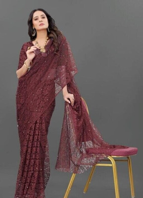 SwiftStyle Self Design, Embellished Daily Wear Net Saree(Brown)
