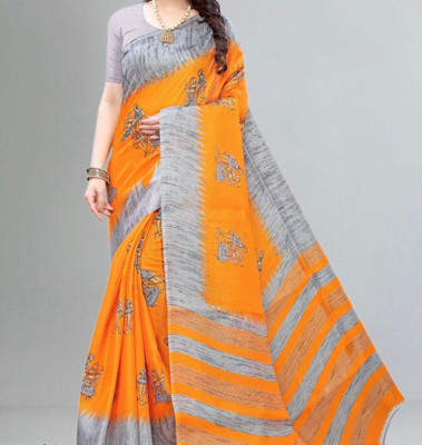 Grubstaker Printed Assam Silk Art Silk Saree(Orange)