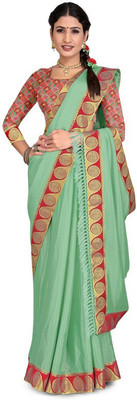 Envi Solid/Plain Bollywood Silk Blend Saree(Green)
