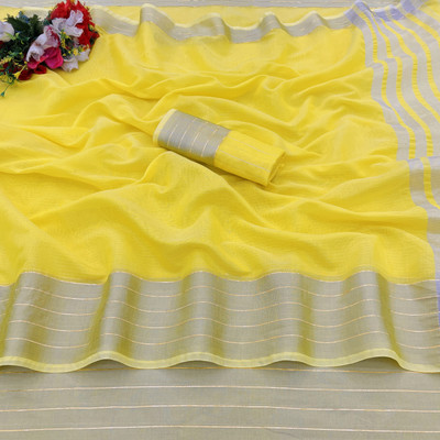 PIYA DESIGNER Solid/Plain Kasavu Cotton Linen Saree(Yellow)