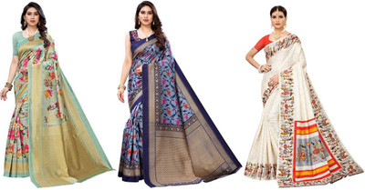 Priyashi Printed Daily Wear Art Silk Saree(Pack of 3, Light Green, Blue, Cream)