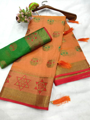VAKHARIYAFAB Woven Kanjivaram Cotton Silk, Pure Silk Saree(Orange)