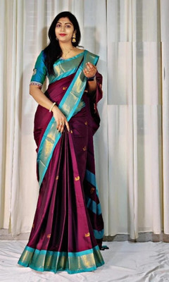 NST5 Woven Maheshwari Cotton Silk Saree(Maroon, Blue)
