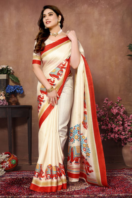 Kjs Printed Kalamkari Cotton Blend Saree(Multicolor)