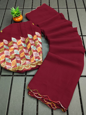 THE KAVYAHI FASHION Solid/Plain Kanjivaram Georgette Saree(Maroon)