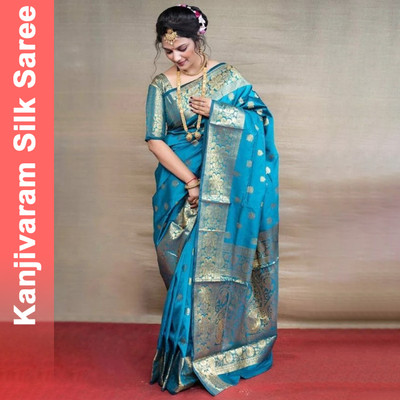 FAB WOVEN Woven Banarasi Silk Blend Saree with Unstitched Blouse(Blue)