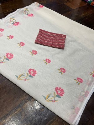 Gajal Printed Kanjivaram Linen, Cotton Linen Saree(White)