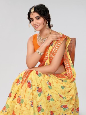 ANIRAV Printed Bandhani Georgette, Lace Saree(Pack of 2, Yellow)