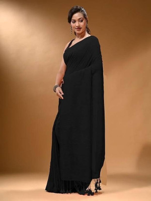 GOLU Solid/Plain Handloom Cotton Blend Saree(Black)
