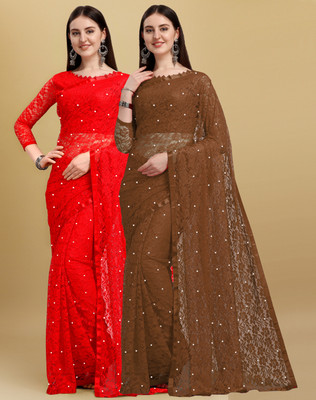 LOROFY Self Design Bollywood Net Saree(Pack of 2, Multicolor)