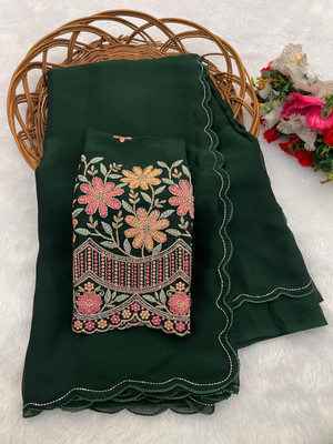 JIVI CLOTHING Solid/Plain Bollywood Chiffon Saree(Dark Green)