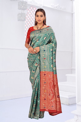 Suali Woven Banarasi Pure Silk Saree(Light Green, Red)