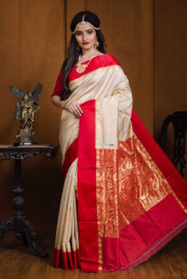 Satin Self Design Handloom Satin Saree(White)