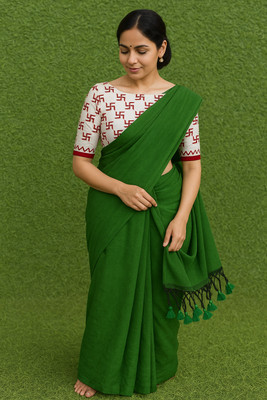 SMRITI BOUTIQUE Solid/Plain, Printed Kalamkari Handloom Pure Cotton Saree(Green)