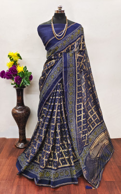 maayro Printed Bollywood Cotton Silk Saree(Dark Blue)