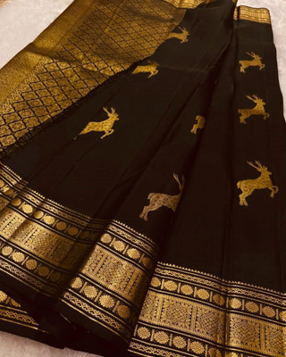 MIRMAN Striped Banarasi Pure Silk Saree(Black)