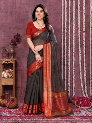 Moda Rapido Polka Print Kota Doria Cotton Blend Saree(Black)