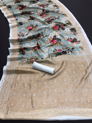 Kjs Floral Print Bollywood Cotton Blend Saree(Multicolor)