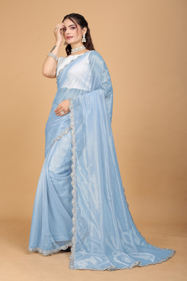 RADHE ENTERPRISE Embroidered Bollywood Net Saree(Light Blue)