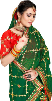 LAVYANSH CREATION Embroidered, Woven, Solid/Plain Bollywood Georgette Saree(Pack of 2, Green, Red)