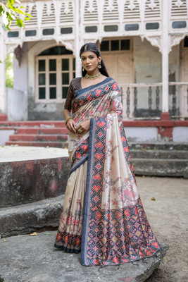 peachpatels Floral Print, Geometric Print Banarasi Tussar Silk Saree(Beige, Multicolor)