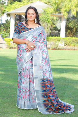 HouseOfCommon Floral Print Bollywood Cotton Linen Saree(Silver)