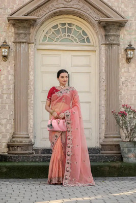 RamKrupa Creation Embroidered Bollywood Net Saree(Orange)