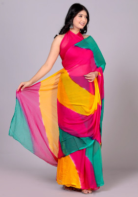 HouseOfCommon Woven, Solid/Plain, Polka Print, Self Design, Digital Print Leheria Chiffon Saree(Yellow)