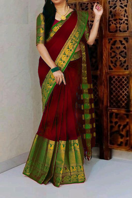 HouseOfCommon Woven Narayanpet Cotton Blend, Cotton Silk Saree(Maroon, Green)