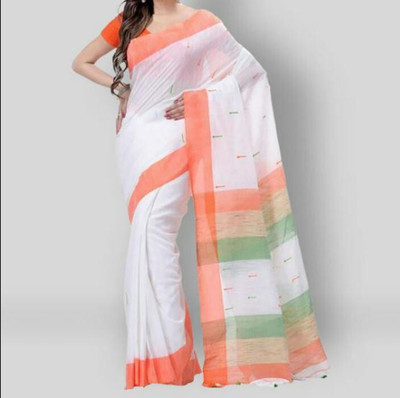HouseOfCommon Embroidered, Solid/Plain Handloom Pure Cotton Saree(White, Orange)