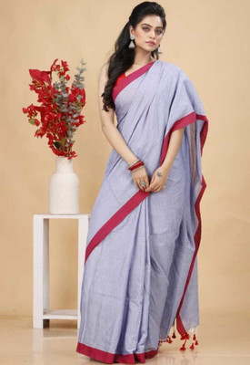 SMRITI HANDLOOM Solid/Plain Handloom Handloom Pure Cotton Saree(Cream, Red)